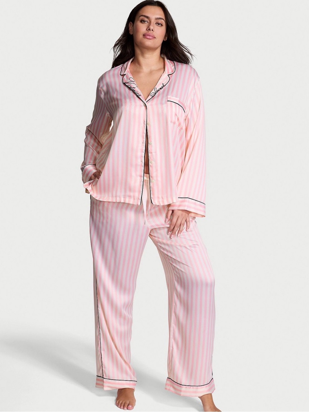 NTW signature Satin Shine Long Pajama Set | Victoria's Secret Embroidered Collar